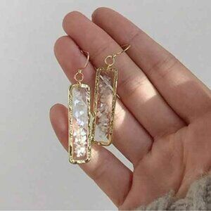 Thin Rectangle Geo Gold Glass Mother Pearl Opalescent Shell Dangle Earrings